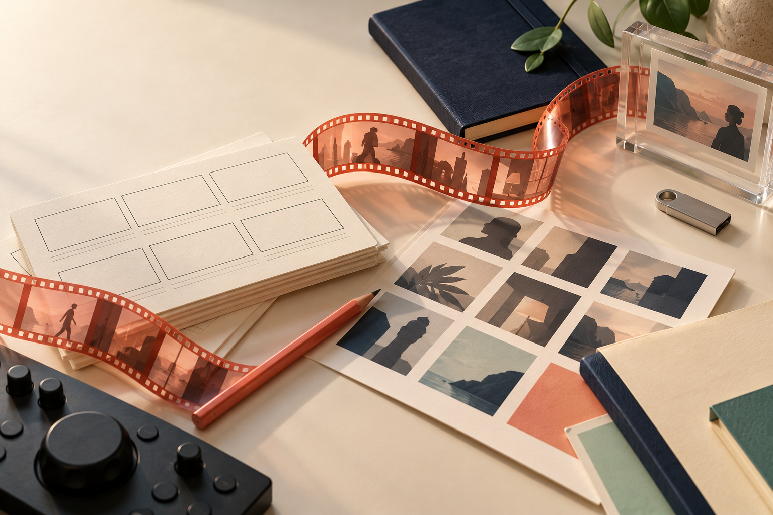 Composição ilustrativa de storyboard, fichas, pasta e mesa de criação