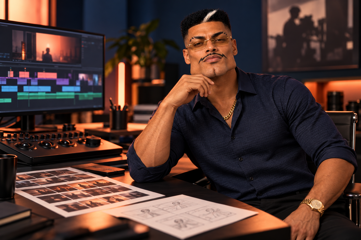 Neco Mandela em uma nova cena ilustrativa de estúdio, com storyboard e mesa de edição